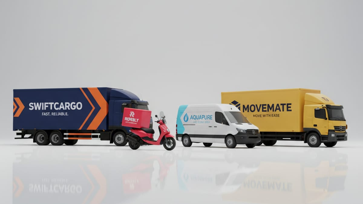 ตัวอย่าง Car Wrap 4 ประเภทรถ Fleet — รถบรรทุก Logistics, มอเตอร์ไซค์ Food Delivery, รถตู้ Service, รถย้ายบ้าน (แบรนด์สมมติ)