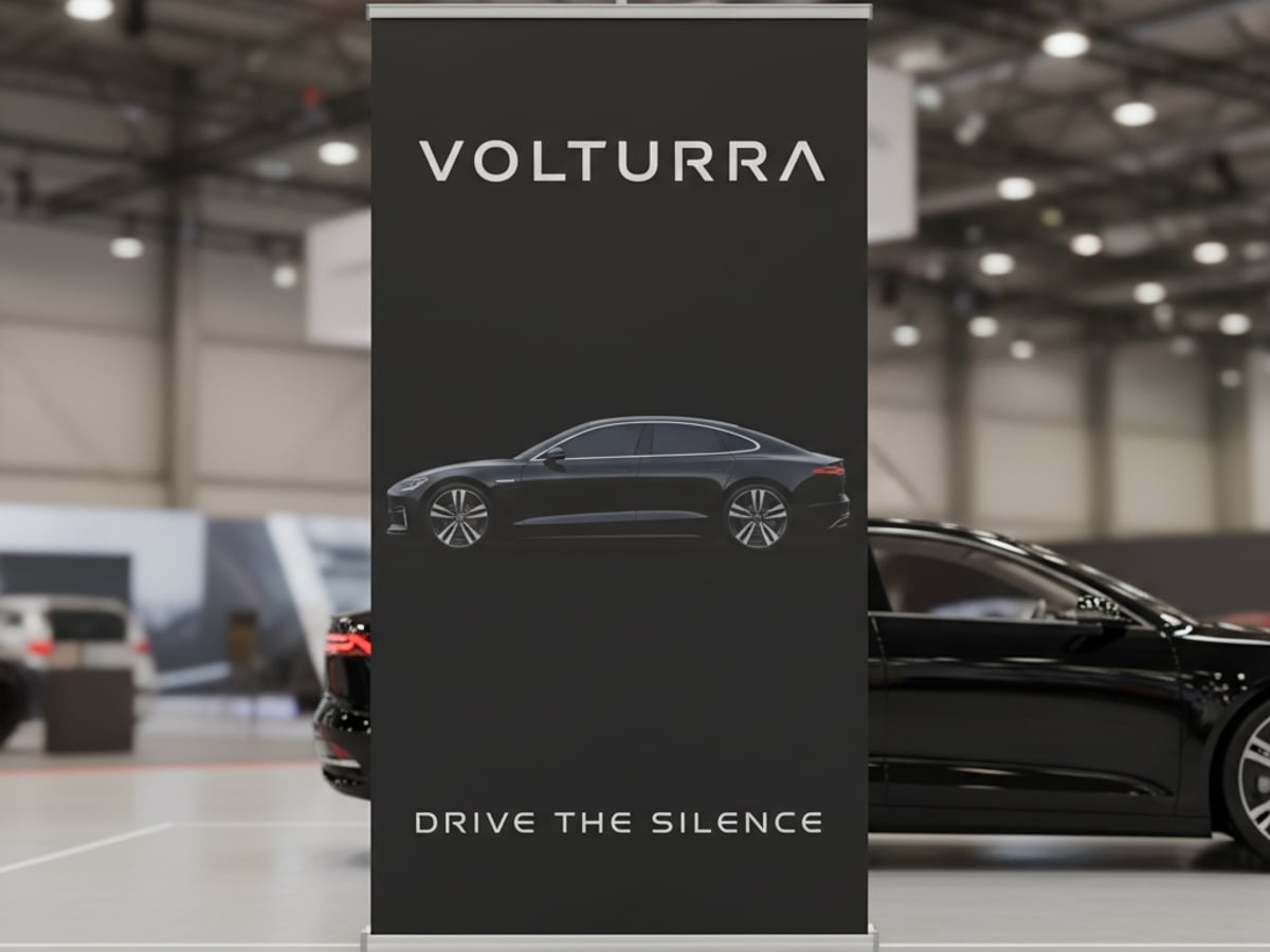 Mockup ป้ายโรลอัพแบรนด์สมมติ Volturra EV ในงาน Auto Show — Innovalue