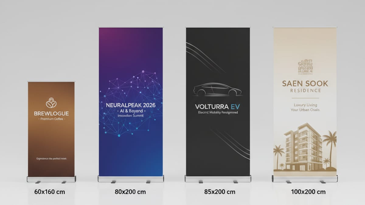 เปรียบเทียบขนาดป้ายโรลอัพ 4 แบบ 60×160 / 80×200 / 85×200 / 100×200 cm พร้อม Mockup แบรนด์สมมติ