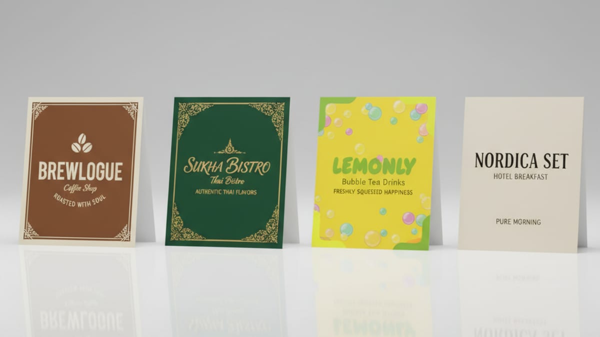 ตัวอย่าง Tent Card 4 หมวด — Coffee/Cafe (Brewlogue), Thai Bistro (Sukha Bistro), Bubble Tea (Lemonly), Hotel Breakfast (Nordica Set) — แบรนด์สมมติ