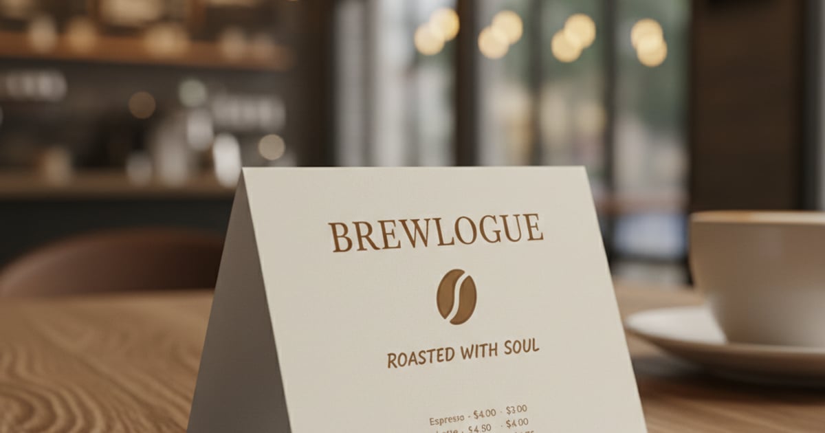 Mockup Tent Card ร้านกาแฟแบรนด์สมมติ Brewlogue บนโต๊ะคาเฟ่ — Innovalue