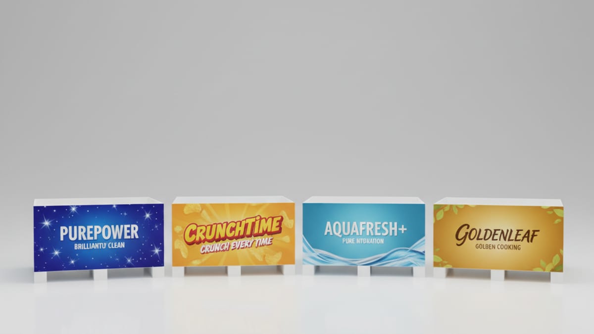 เปรียบเทียบป้ายล้อมกองสินค้า 4 หมวด FMCG — ผงซักฟอก ขนม น้ำดื่ม น้ำมันพืช (แบรนด์สมมติ)