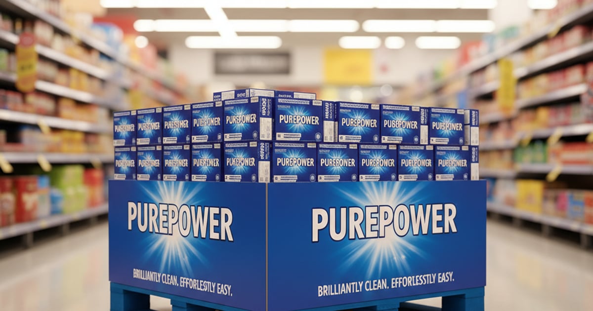 Mockup ป้ายล้อมกองสินค้าแบรนด์สมมติ PurePower Detergent บนถาดวางสินค้าในห้าง — Innovalue