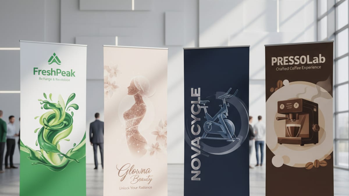 เปรียบเทียบ Standee สแตนดี้ 4 แบรนด์ Event Agency 2026 — FreshPeak Glowna NovaCycle PressoLab