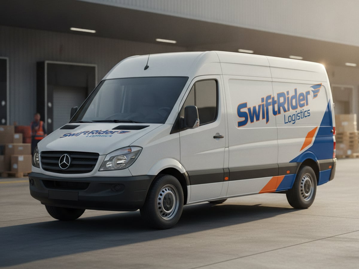 Car Wrap สติ๊กเกอร์ติดรถส่งของ SwiftRider Logistics — mockup จริง สีน้ำเงินส้ม Innovalue 2026