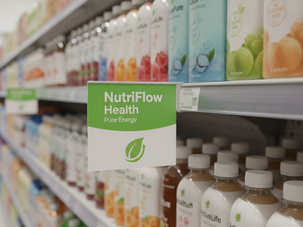 shelf-divider-nutriflow-fmcg-hypermarket-mockup ป้ายยื่น Shelf Divider แบรนด์ FMCG NutriFlow Health บนชั้นวางไฮเปอร์มาร์เก็ต Hypermarket