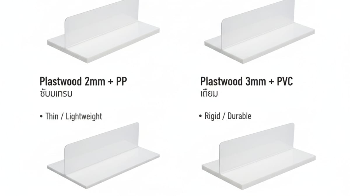 เปรียบเทียบวัสดุ Shelf Divider ป้ายยื่น 4 แบบ Plastwood vs HIP PP vs PVC Sticker สำหรับแบรนด์ FMCG ใน Hypermarket
