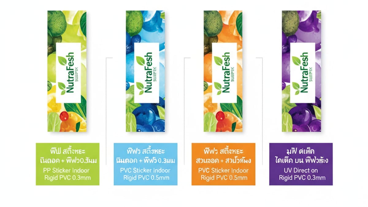 Shelf Strip ซูเปอร์มาร์เก็ต เปรียบเทียบ 4 วัสดุ PP Sticker PVC Sticker UV Direct Rigid PVC 2026