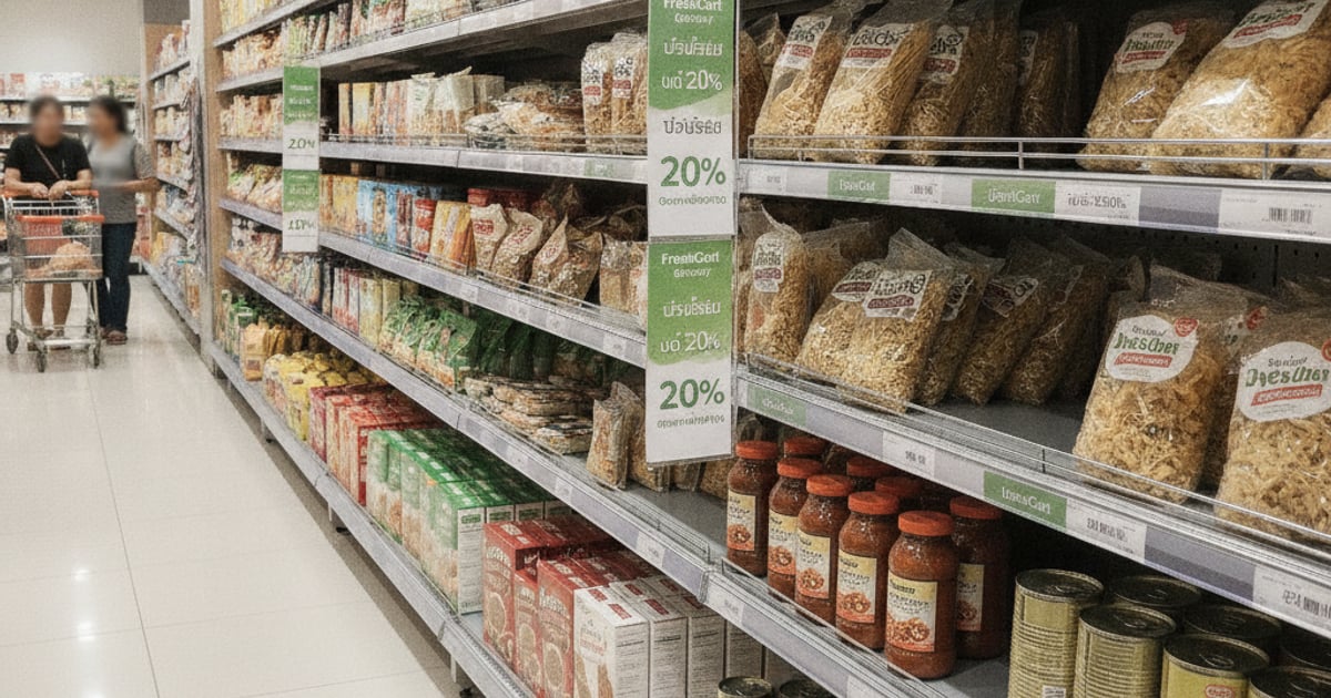 ป้ายสอดชั้นวาง Shelf Strip ซูเปอร์มาร์เก็ต FreshCart Grocery บน Rigid PVC ปี 2026