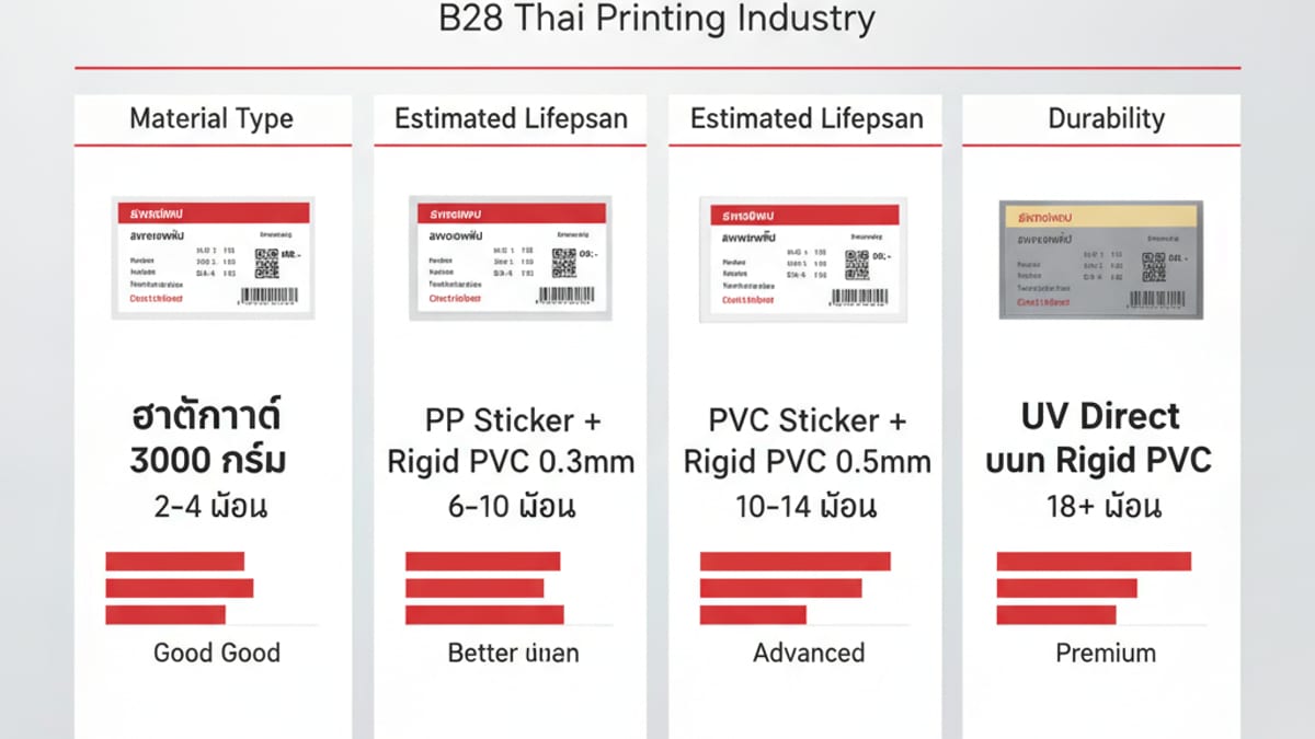 เปรียบเทียบวัสดุ Shelf Talker สินค้าอุปโภคบริโภค 4 แบบ: Artcard, PP Sticker, PVC Sticker, UV Direct อายุการใช้งานชั้นวาง Modern Trade