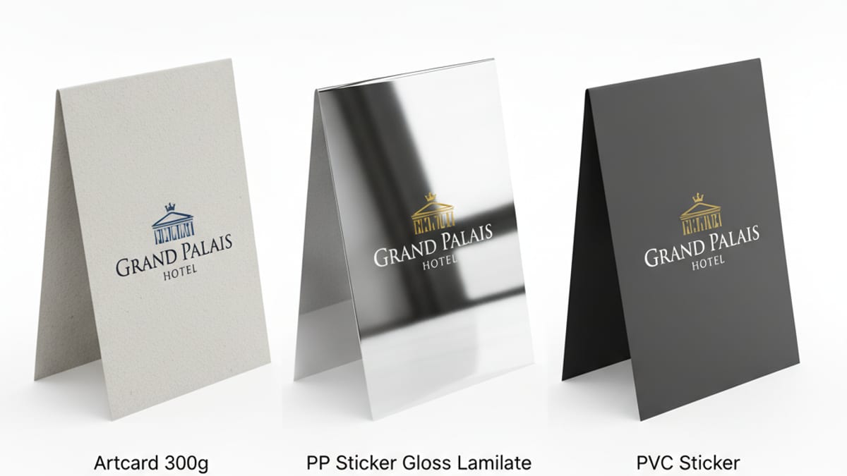 เปรียบเทียบวัสดุ Tent Card โรงแรม 3 แบบ: Artcard 300g vs PP Sticker เคลือบมัน vs PVC Sticker ปี 2026