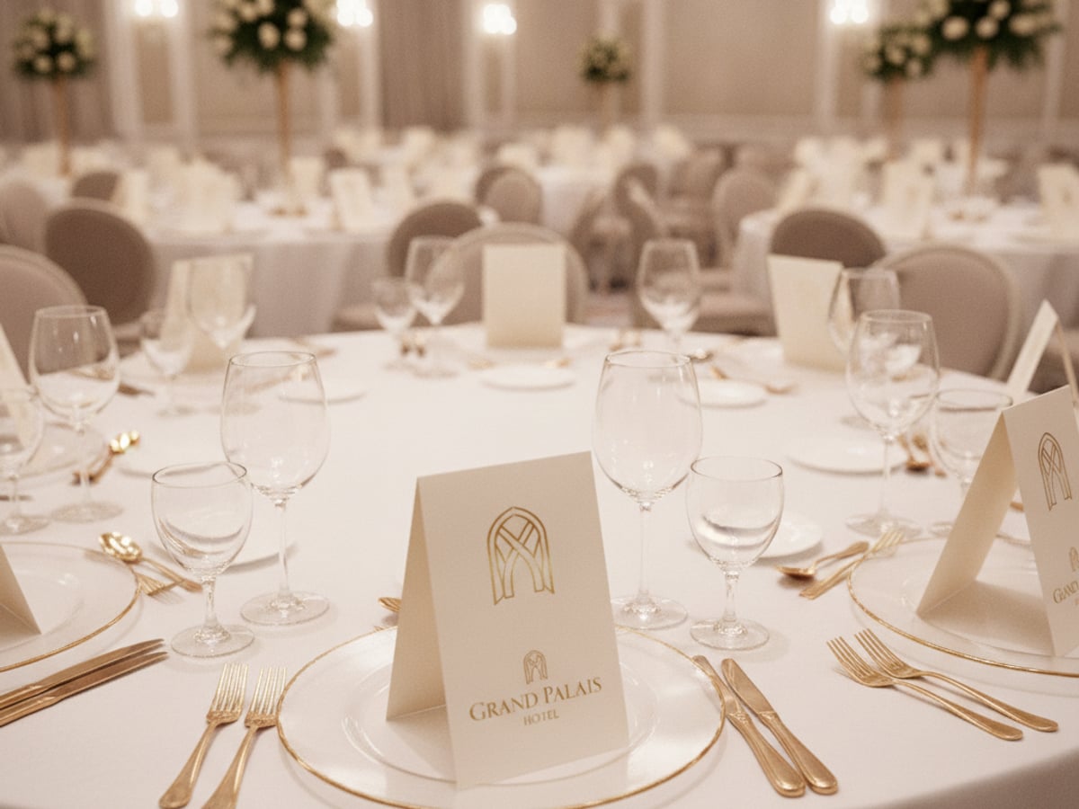Tent Card โรงแรม Grand Palais Hotel บน Banquet Table — ผลิตโดย Innovalue โรงพิมพ์ดิจิทัลครบวงจร 2026
