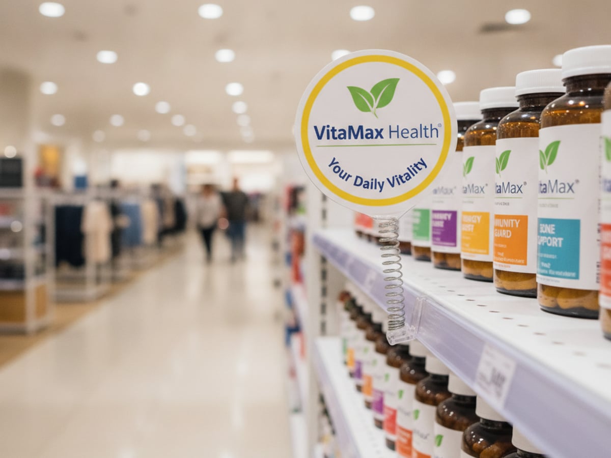 Wobbler ป้ายเด้ง Department Store Mockup 2026 Wobbler ป้ายเด้ง VitaMax Health อาหารเสริม บนชั้นวางห้างสรรพสินค้า (Department Store) 2026