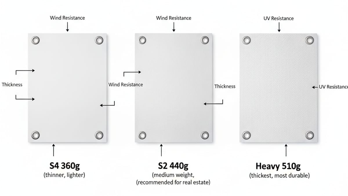 เปรียบเทียบ Vinyl Frontlit S2 440g vs S4 360g vs Heavy 510g สำหรับ Billboard Outdoor อสังหาริมทรัพย์ 2026