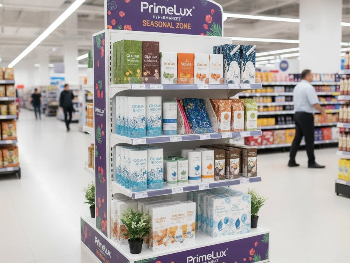 ชั้นวางสินค้า Shelf Display Custom Plastwood ไฮเปอร์มาร์เก็ต โซน Seasonal Launch 2026 | Innovalue