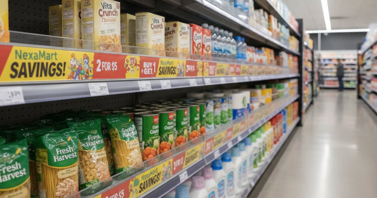 ป้ายสอดชั้นวาง Shelf Strip NexaMart Modern Trade ในชั้นวางสินค้า Price Rail ปี 2026