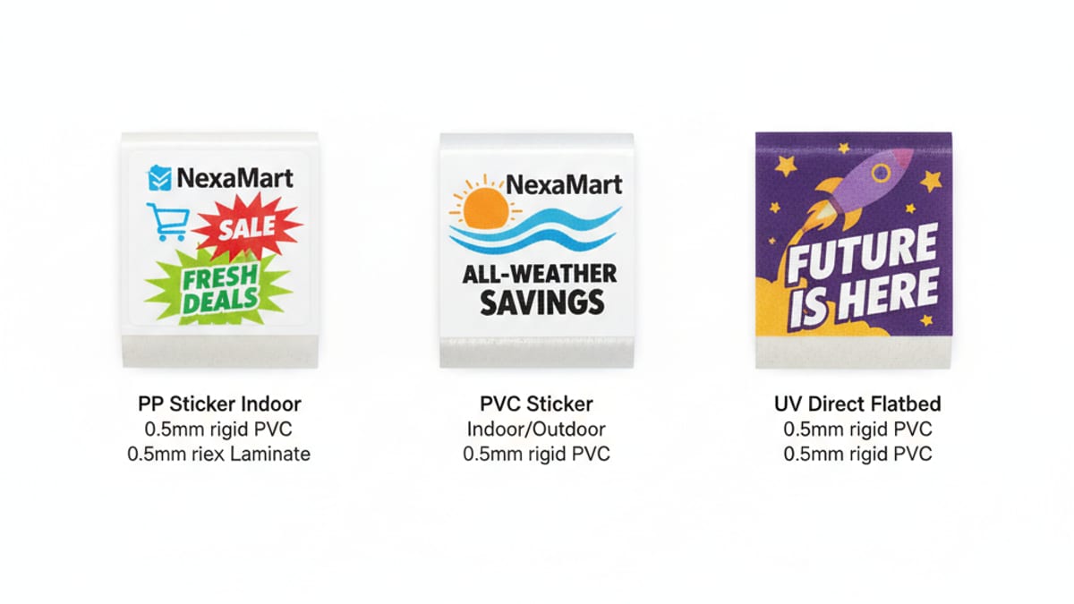 เปรียบเทียบ Shelf Strip PP Sticker vs PVC Sticker vs UV Direct Flatbed บน Rigid PVC Modern Trade 2026